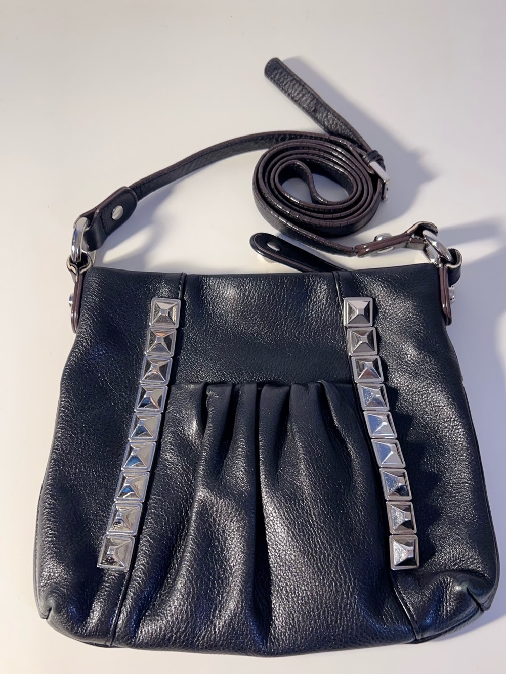 B. Makowsky Black Studded Pleated Leather Crossbody Bag